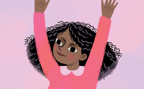 Dessin illustré d’une petite fille aux cheveux bruns et habillé d’une robe rose, qui surgit d’une fleur.